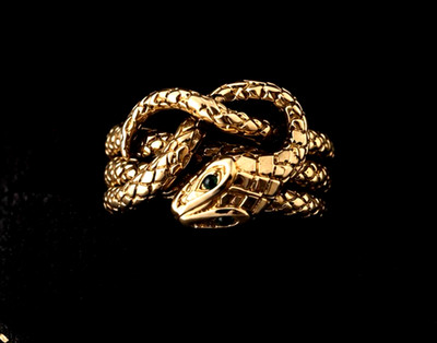 14K Gelbgold 4,99gm antiker Schlangenring 3-Spulen Design mit Kopf Smaragd Augen 6,5
