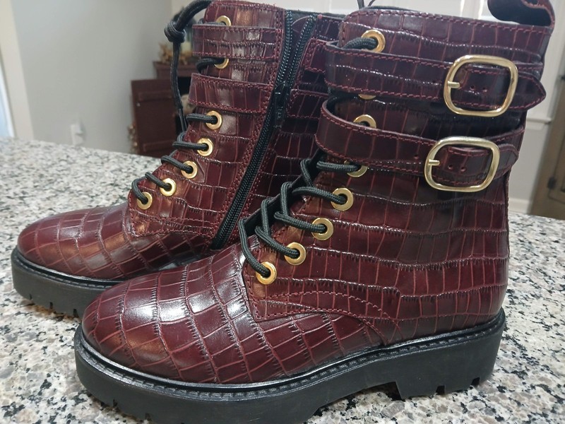 LADIES CLAUDIE PIERLOT CROCODILE EMBOSSED LEATHER BIKER ANKLE BOOTIES / NEW