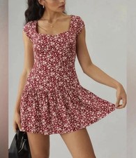 Reformation Womens Floral Print Square Neck Mini Dress Rust Red Size 2