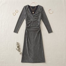 ASTR The Label Midi Dress Womens Small Silver Metallic Ruched Cocktail Party New