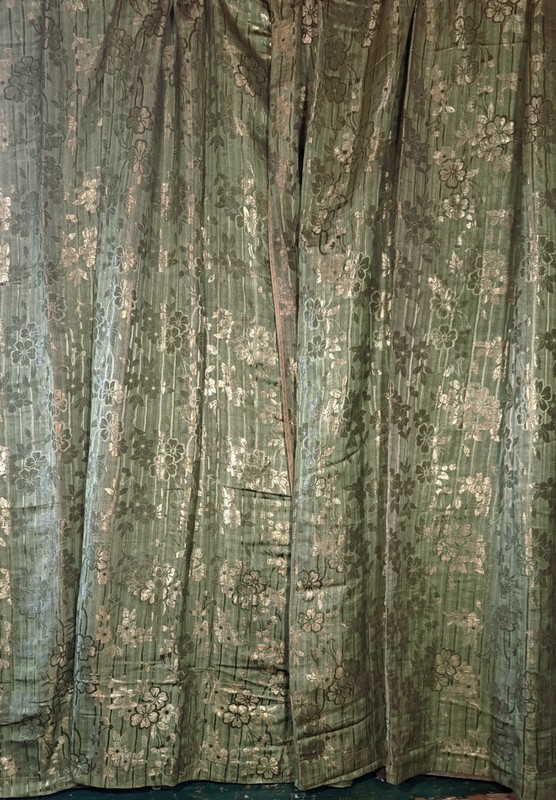 PAIR 1920'S GREEN DECO LAME METALLIC DRAPERIES