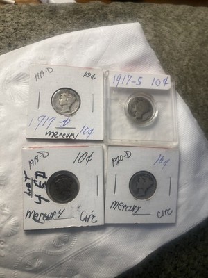 Mercury Dimes 90% Silver Coins Lot of 4 17 S.  19 D. 20 D.  18 D