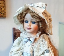 Charming Antique Porcelain Doll Dress Cotton Floral & Lace Ecru & Blue