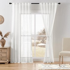 White Linen Sheer Curtains, Rod Pocket  Back Tab Linen Texture Semi Sheer Wi...