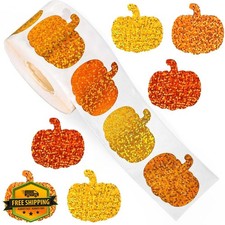 500Pcs Fall Thanksgiving Pumpkin Stickers, 1in Laser Sparkle
