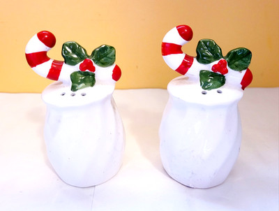 Candy Cane Holly Salt & Pepper Shaker Vintage Ceramic w/ Corks Free Shipping