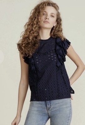 Veronica Beard Jie Top Navy Eyelet Flutter Sleeve Blouse Preppy Nautical Size 4