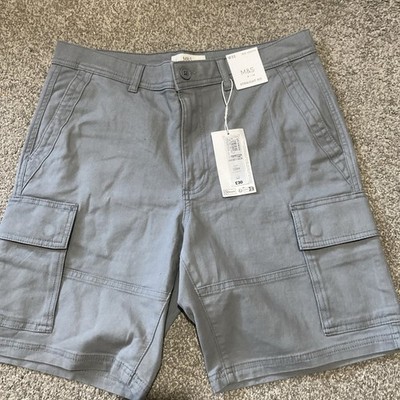 Marks & Spencer Mens Cotton Cargo Shorts in Grey  - M&S Mid Length W32