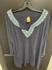 Talbots Plus Long Sleeve Top with Embroidered Neckline - Size 2X