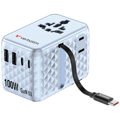 Verbatim Charge 'n' Travel 100W GaN III Universal Travel Adapter with Retractabl