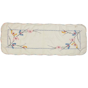 Vintage Embroidered Linen Dresser Scarf Butterfly Floral Crochet Edge 37"