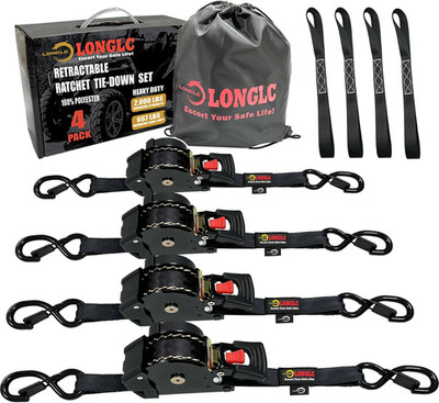 Heavy Duty 4-Pack 1'' x 10' Retractable Ratchet Straps - 2,000 lbs Strength