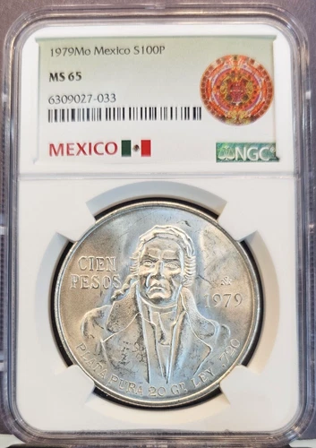 1979 MEXICO SILVER 100 PESOS MORELOS NGC MS 65 NICE BRIGHT GEM BU