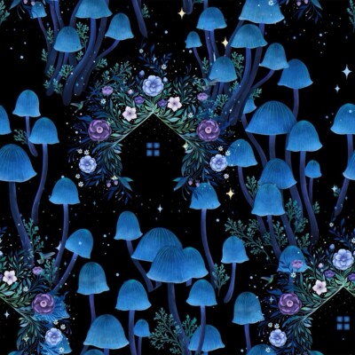 Fat Quarter Blank Jardin de Lune Glow In The Dark Fliegenpilz 100% Baumwollstoff