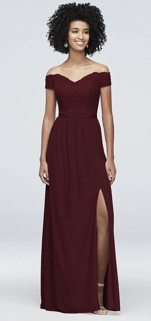 Bridal Bridesmaid Dress Red Wine Off Shoulder Lace Size |