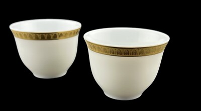 2 RARE Vintage Christofle Malmaison Gold Asian Teacups White Porcelain Gold Trim
