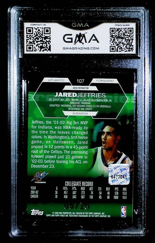 2002 Finest #107 Jared Jefferies Gold Refractor Auto RC 05/25 GMA 9 - Picture 2 of 2