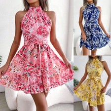 Women Floral Mini Dress Halter Neck Sleeveless Ruffle Summer Boho with Belt