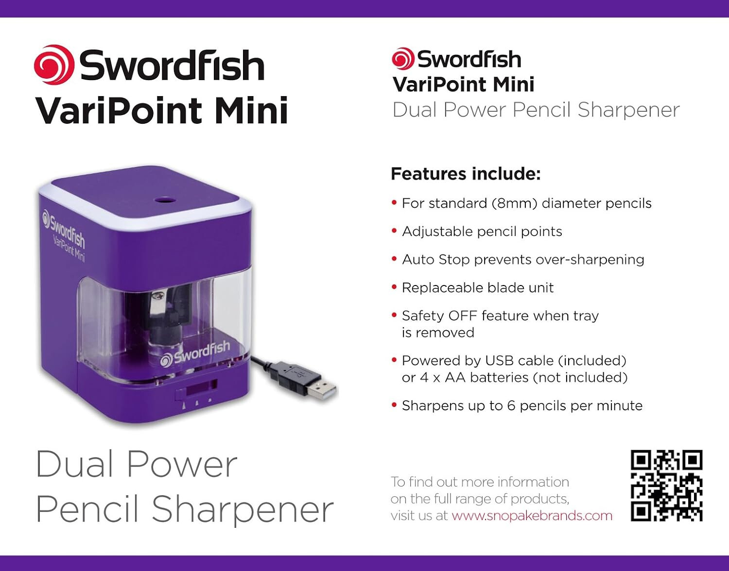 Swordfish ‘VariPoint Mini’ Dual Power Pencil Sharpener with pencil
