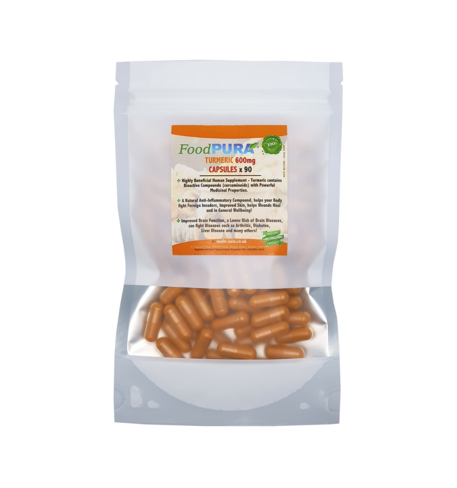 Turmeric (Curcumin) 600mg X 90 VEGI Capsules - FoodPURA UK Quality Supplements