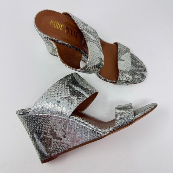 PARIS TEXAS Lamé Python-Embossed Leather Wedge Mu… - image 2