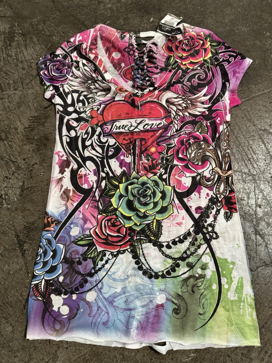 Vintage Rue 21 Affliction Shirt Girls XL Crosses Roses Grunge
