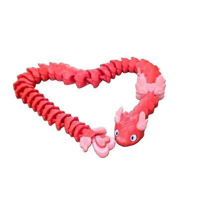 3d Printed Dragon, red and pink with hearts decorated for Valentines Day, gift