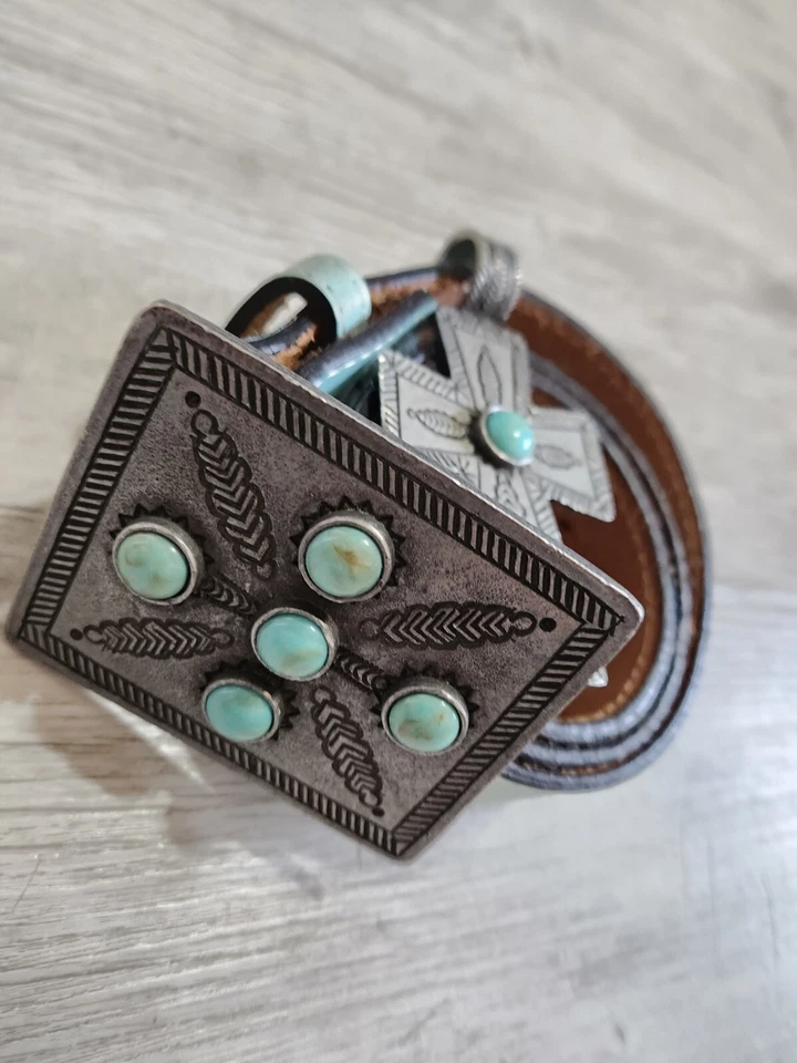 EXTREMADAMENTE RARO Doble D Rancho Suroeste Imitación Turquesa Plata Cruz Talla 28 Foto 2 de 4