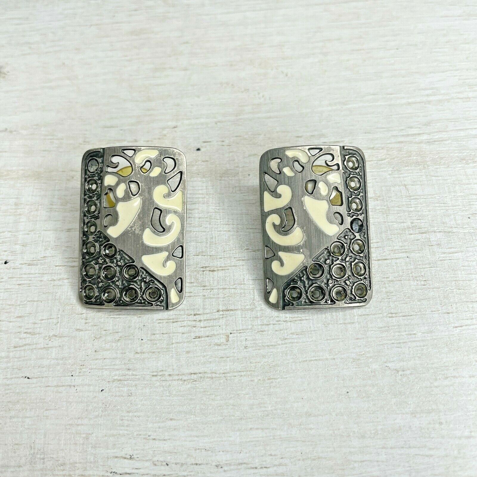 Rectangle White Enamel Crystal Scroll Stud Earrin… - image 1