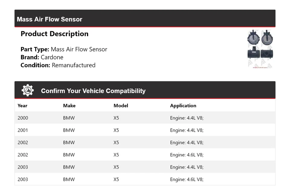 Sensor de flujo de aire de masa Cardone 2001 2002 para BMW X5 2000-2003 Foto 2 de 4