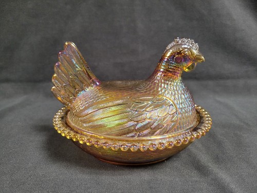 Vintage Indiana Glass Hen on a Nest Candy Dish Carnival Iridescent Gold/Amethyst
