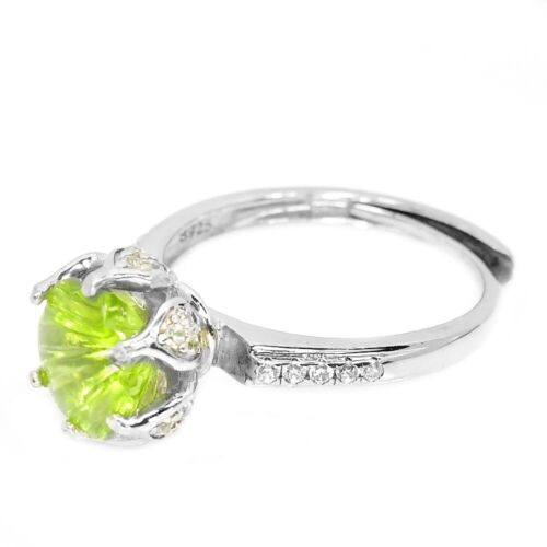 925STERLING SILVER RING NATURAL GREE PERIDOT FLOWER CARVING & WHITE CZ FREE SIZE - Picture 3 of 8