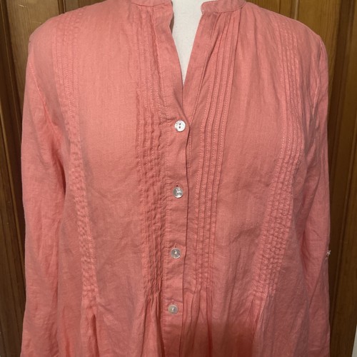 J Jill Love Linen Petite L Coral Tunic Top Button Up Roll Tab Sleeve Pintuck - Picture 3 of 15