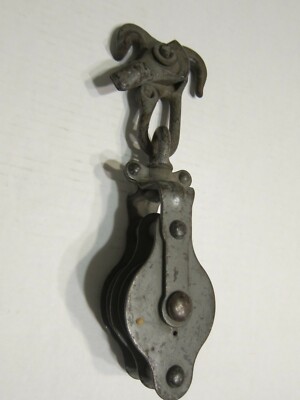 Vintage Antique Cast Iron 2 Wheel Double Block & Tackle Pulley With Rope Brake