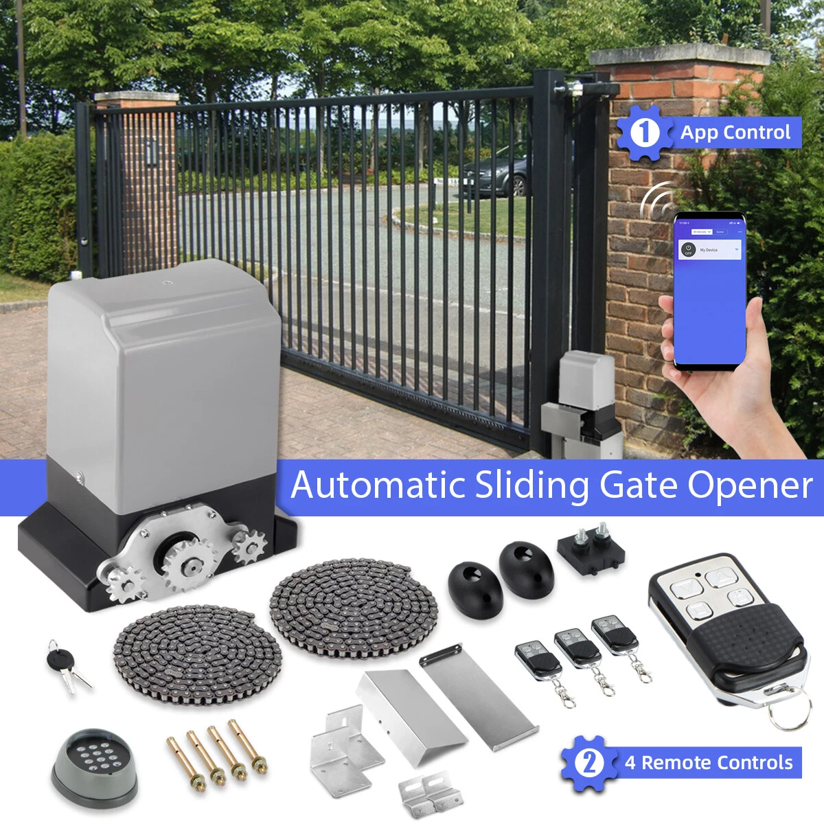 3300lbs Smart Sliding Gate Opener APP Control w/4 Remotes + 6m Chain 550W Motor | eBay