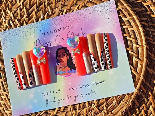Handmade Press On Nails Fancy Cow Nails Design Medium Size XXL Long Square 10pc - Picture 4 of 11