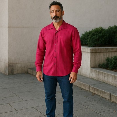 Signum Shirt Men Extra Large Red Cotton Button Stripe Dress Casual German