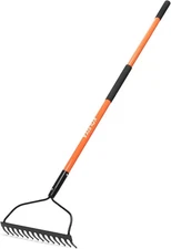 Garden Rake Heavy Duty, 14-Tine Bow with 57" Fiberglass Handle, Orange 