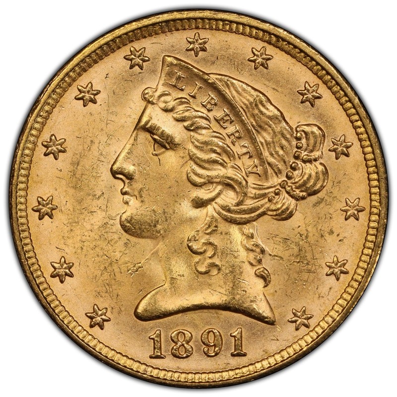 1891 $5 Liberty Head Half Eagle PCGS MS64+ (CAC) Only 1 better..