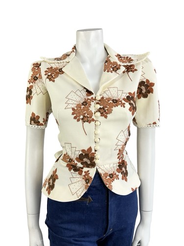 VTG 70S RICHARD SHOPS CREAM BROWN FLORAL ART DECO PEPLUM NOTCH LAPEL SHIRT 8 - Picture 4 of 10