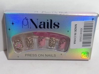 24pc Pink Leopard Print Press On Nails with Rhinestones Short Square Fake Nails
