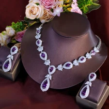 Purple Cubic Zirconia Long Dangly Drop Leaf Necklace Earrings CZ Jewelry Set