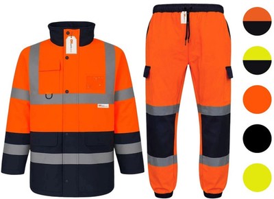GM Hi Vis Parka Jacke & Cargo Jogginghose Set verstärktes Knie reflektierend Herren PSA