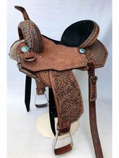 Horse Saddle Western Barrel Racing Genuine Leather - Tooled Carved - Padded Seat