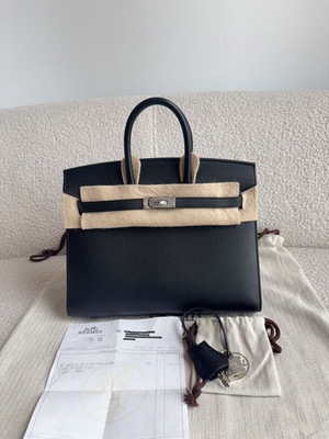 Hermes Birkin 25 Sellier Handbag Black Epsom Palladium Hardware U Stamp