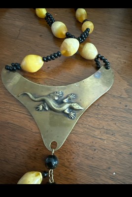 Boho Tribal Brass Gecko Necklace Shakti Designs Yellow Black Beads