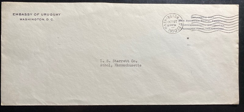 1950 Washington DC USA Uruguayan Embassy Diplomatic Cover To Athol MA