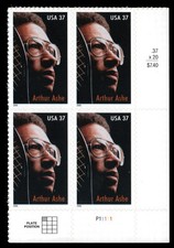 US Scott # 3936, Arthur Ashe, Tennis, Plate Block of (4) 2005 37¢ Stamps, MNH