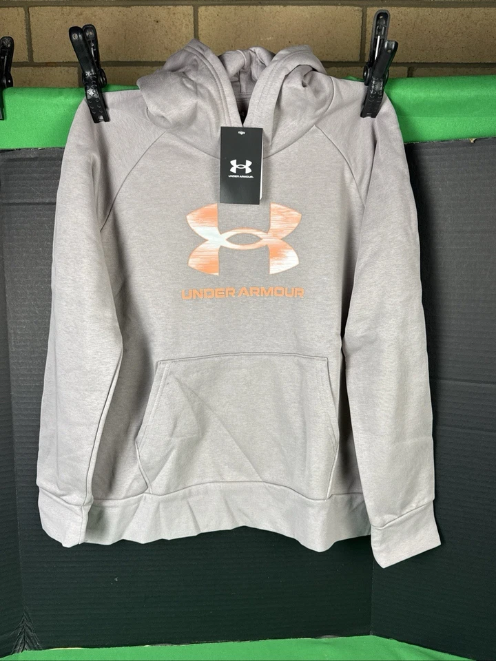 Under Armour Girls Rival Fleece Big Logo Hoodie Size L Tetra Gray/Flare Orange - Image 3 of 4