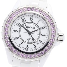 CHANEL J12 H1181 Pink Sapphire Bezel white Dial Quartz Ladies Watch_908393